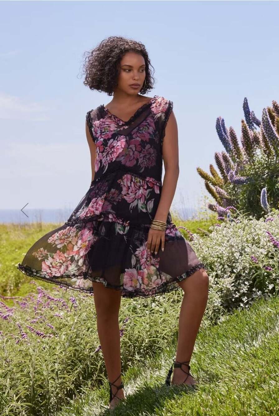 Johnny Was Perrie Ruffle Mini Dress Size S Sheer Silk Floral Tiered V Neck